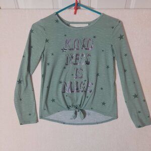 SO Girls Shimmer Kindness Is Magic Green Long Sleeve Tie Front Tee, Stars, 10-12